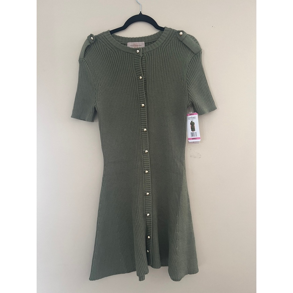 French Connection Olive Green Ribbed Button‎ Front Sweater Dress XXL New